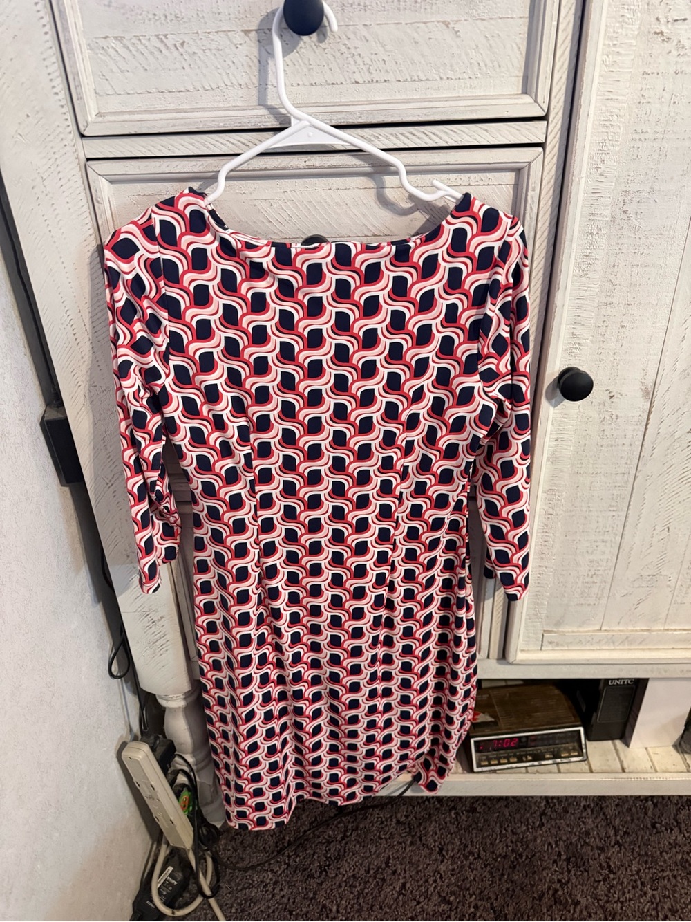 Talbots Red, Navy & White Geometric Tie-Waist Long Sleeve Dress - Picture 3 of 4